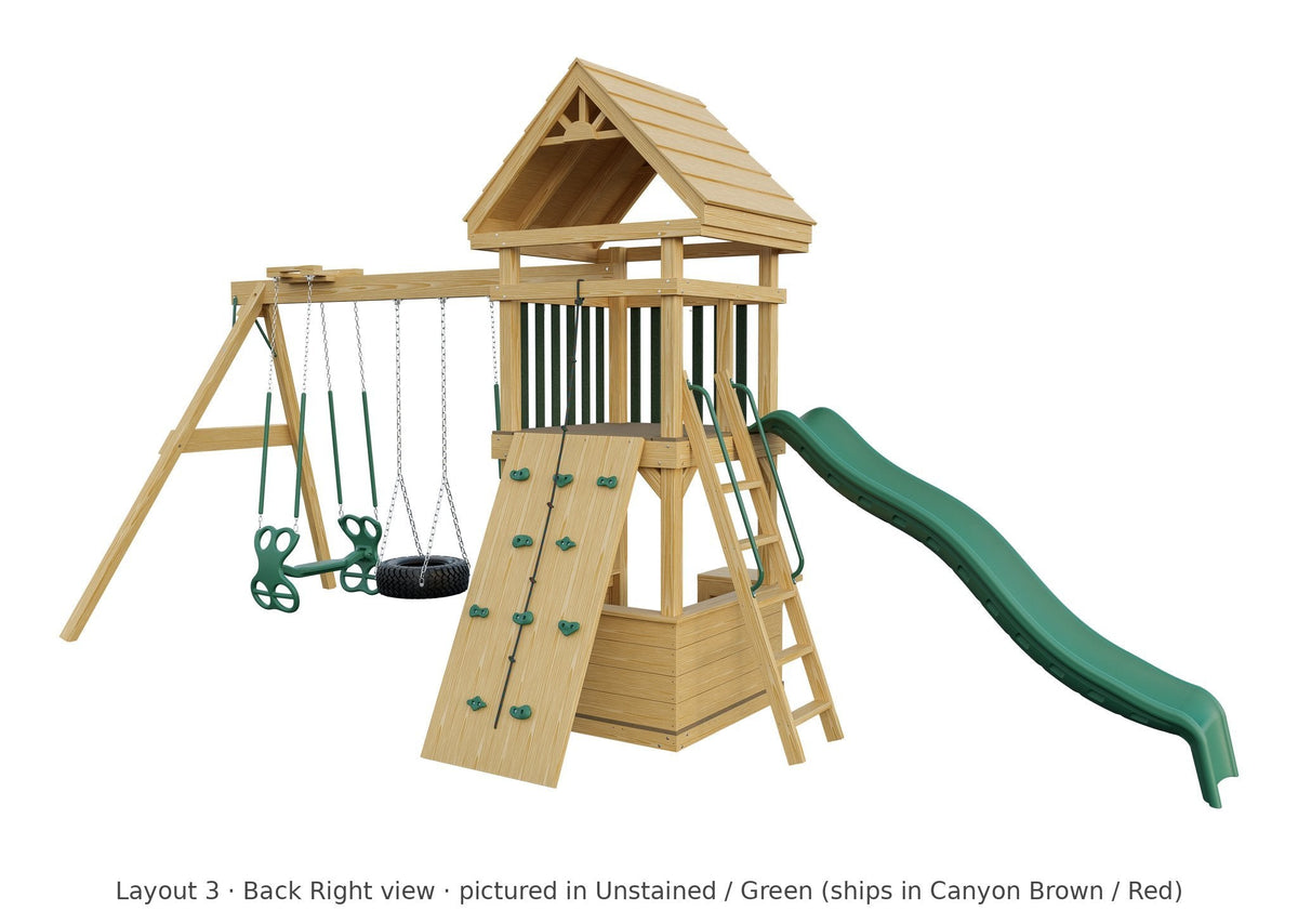 Amish 4x4 Challenger Wooden Swing Set & Playset Kit – Layout 3, back right view (shown in Unstained with Green accents)