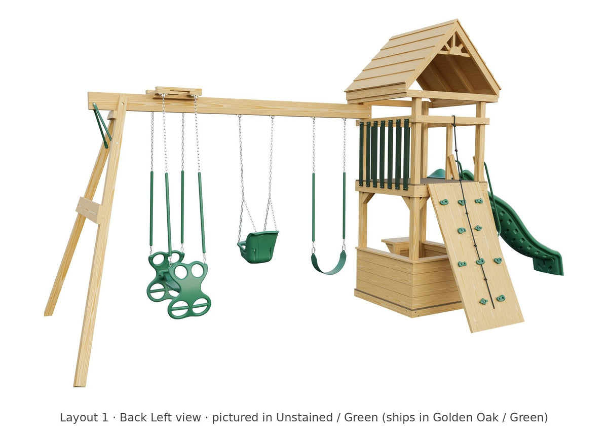 Amish 4x4 Challenger Wooden Swing Set & Playset Kit – Layout 1, back left view (shown in Unstained with Green accents)