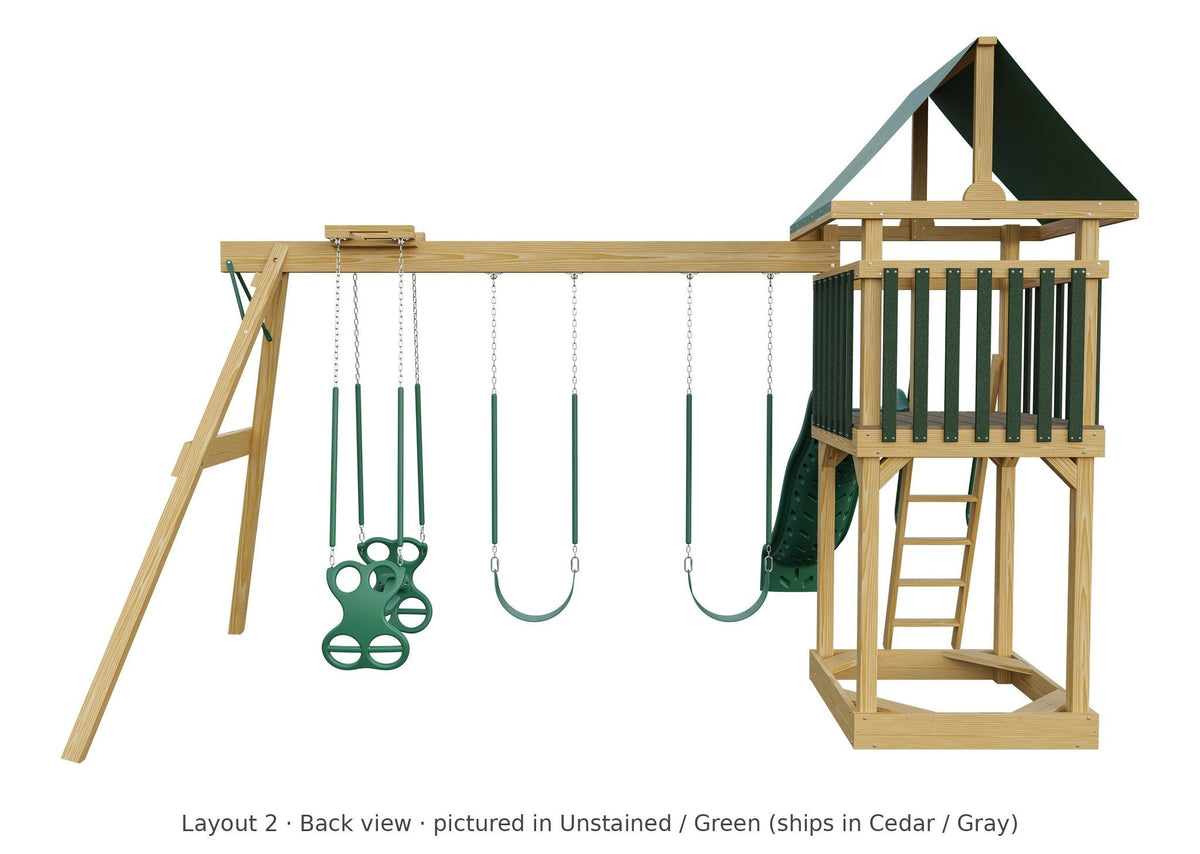 Amish 4x4 Challenger Wooden Swing Set & Playset Kit – Layout 2, back view (shown in Unstained with Green accents)