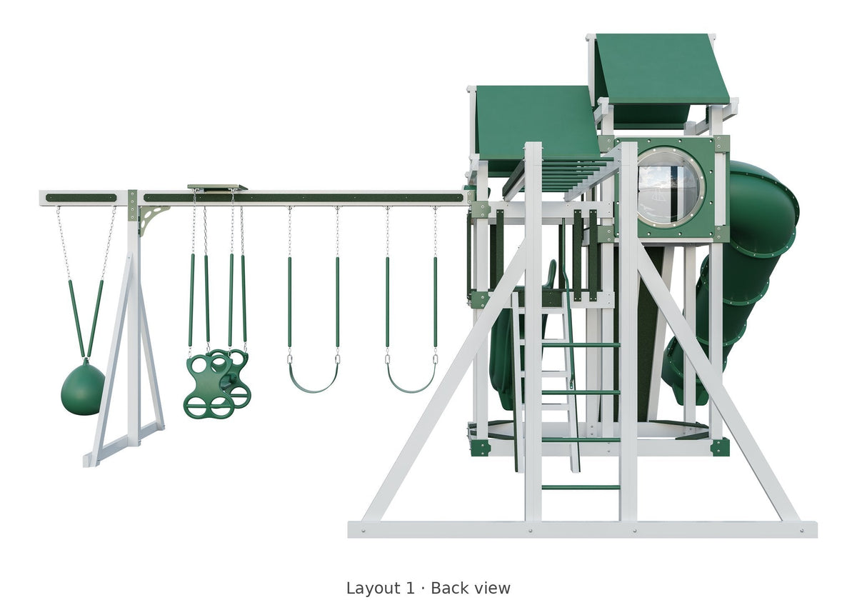 Amish 4x8 Denali Vinyl Playset & Swing Set Kit – Layout 1, back view
