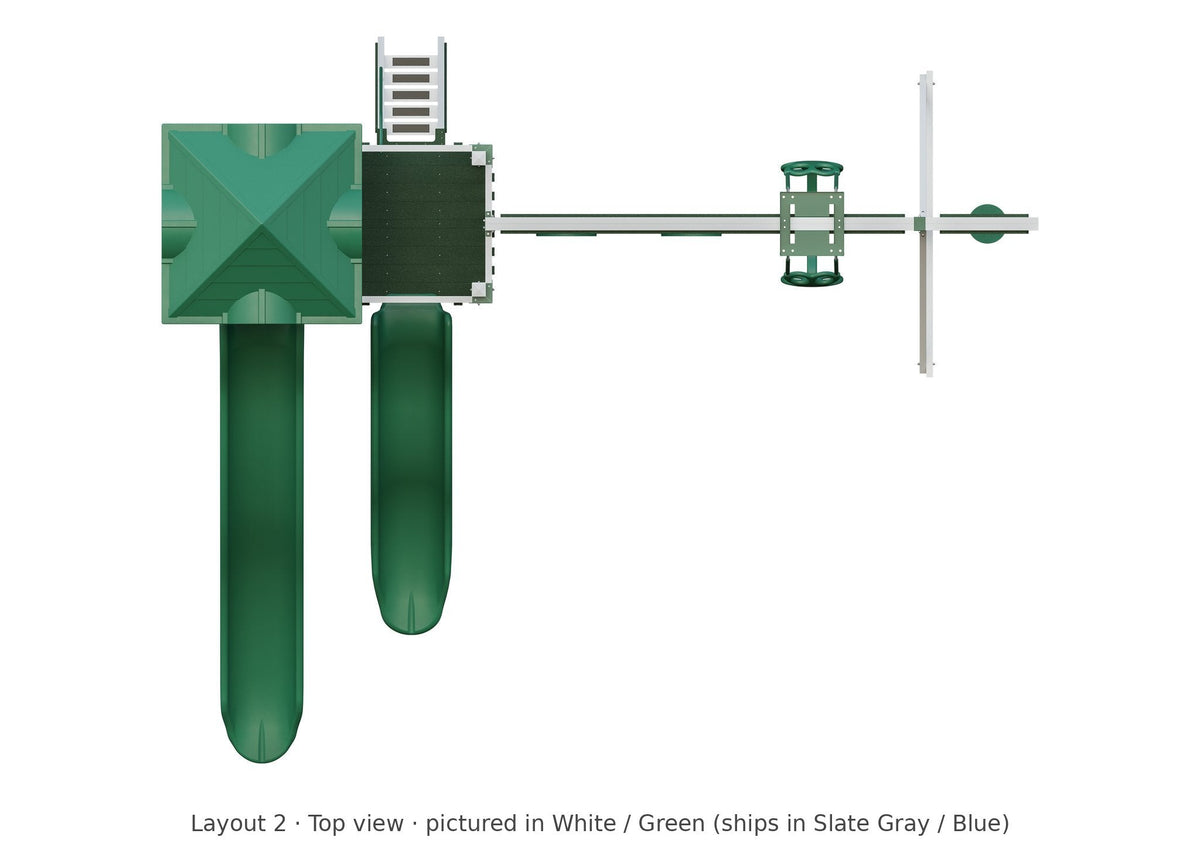Amish 4x8 Denali Vinyl Playset & Swing Set Kit – Layout 2, top view (shown in White with Green accents)