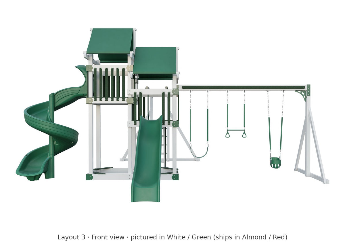 Amish 4x8 Denali Vinyl Playset & Swing Set Kit – Layout 3, front view (shown in White with Green accents)