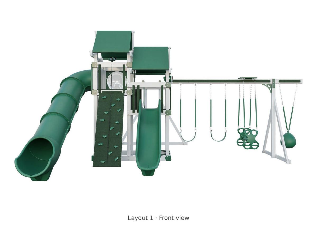 Amish 4x8 Denali Vinyl Playset & Swing Set Kit – Layout 1, front view