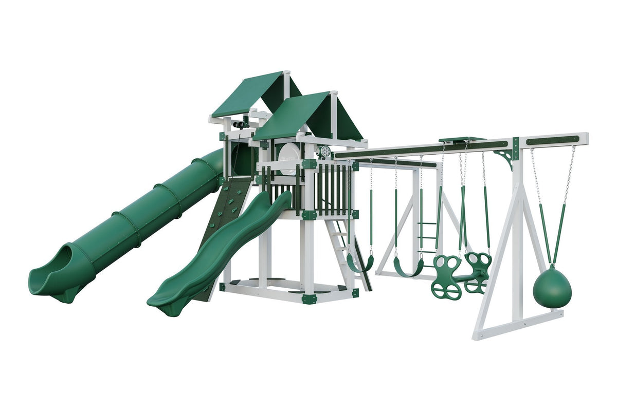 Amish 4x8 Denali Vinyl Playset & Swing Set Kit – Layout 1, White with Green accents