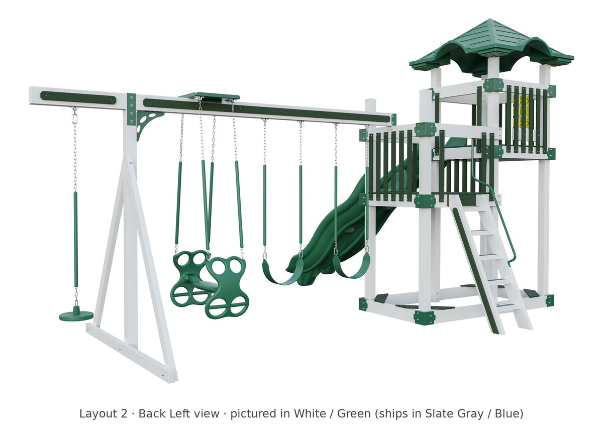 Amish 4x8 Denali Vinyl Playset & Swing Set Kit – Layout 2, back left view (shown in White with Green accents)