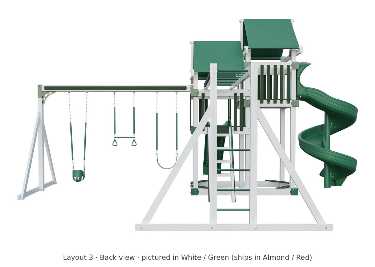 Amish 4x8 Denali Vinyl Playset & Swing Set Kit – Layout 3, back view (shown in White with Green accents)