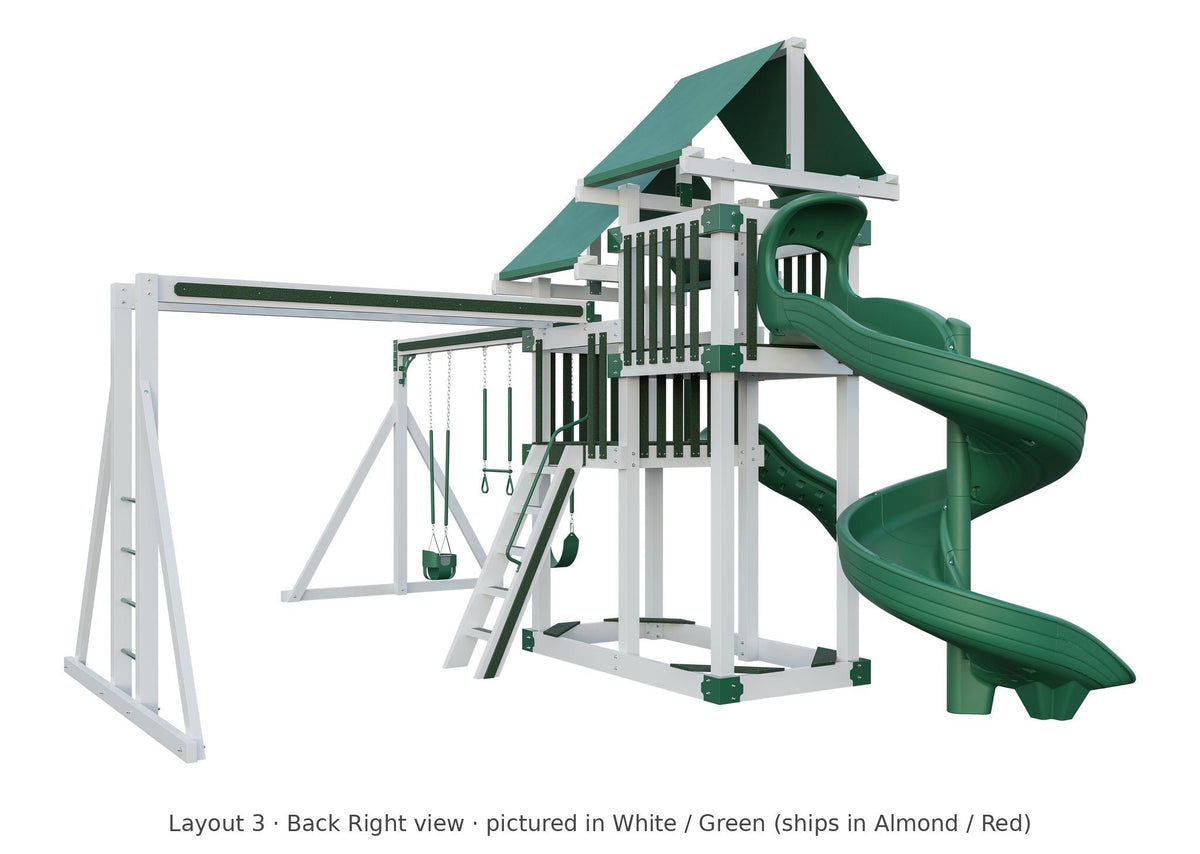 Amish 4x8 Denali Vinyl Playset & Swing Set Kit – Layout 3, back right view (shown in White with Green accents)
