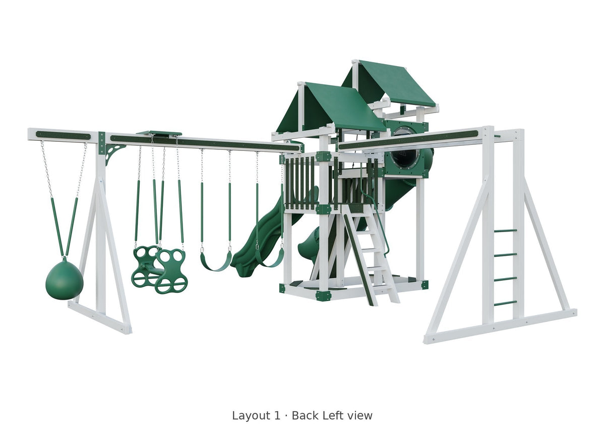 Amish 4x8 Denali Vinyl Playset & Swing Set Kit – Layout 1, back left view