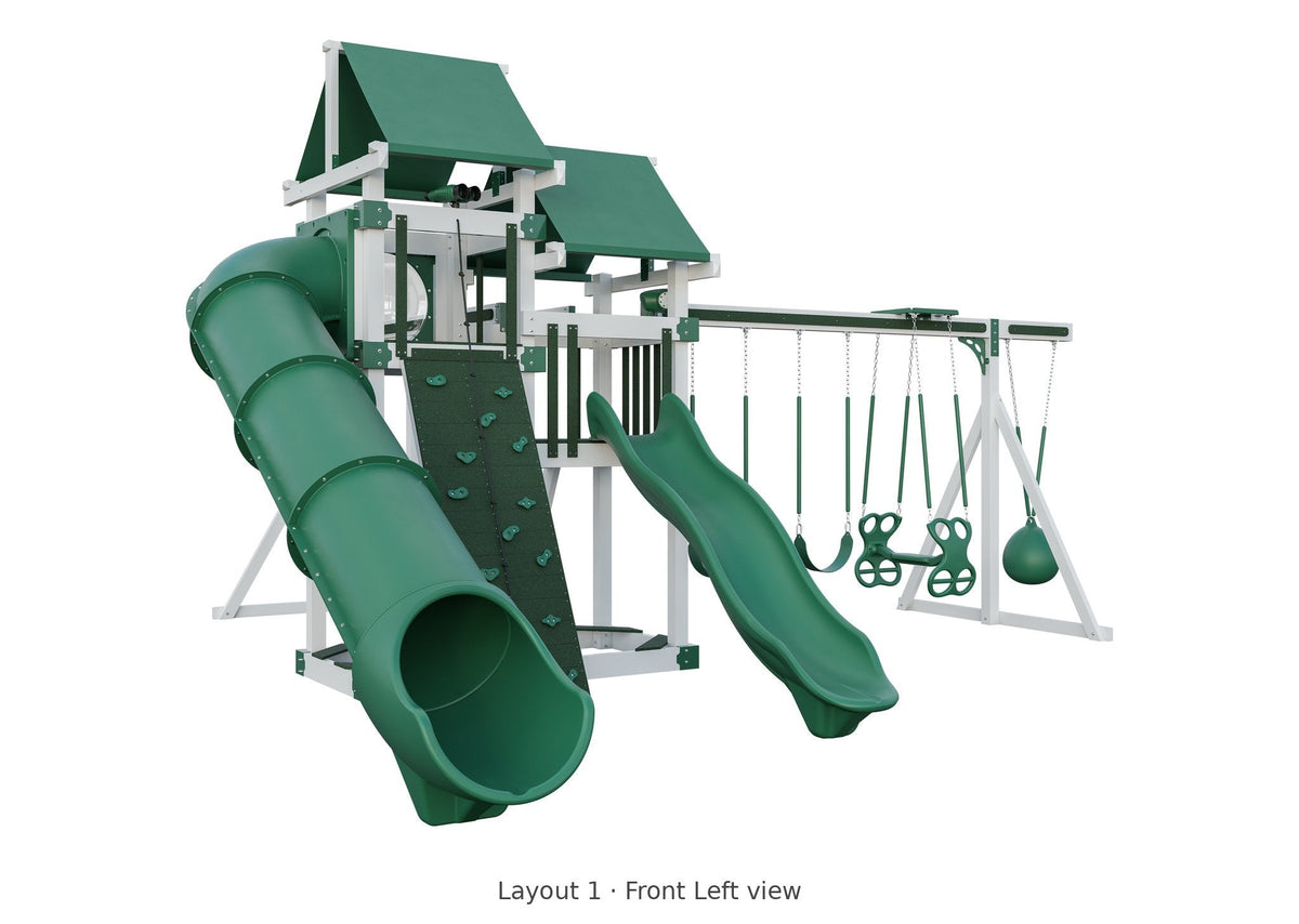 Amish 4x8 Denali Vinyl Playset & Swing Set Kit – Layout 1, front left view