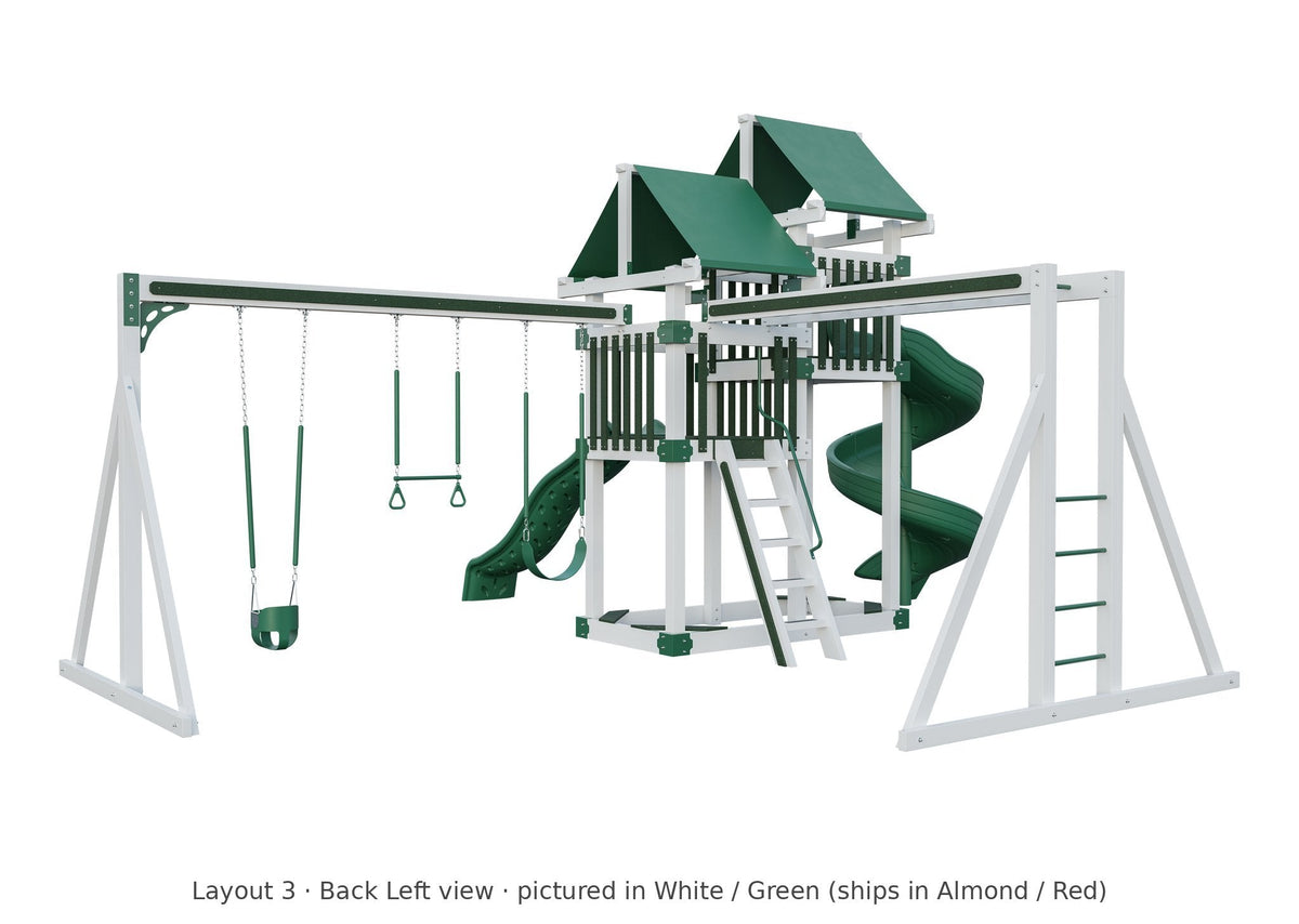 Amish 4x8 Denali Vinyl Playset & Swing Set Kit – Layout 3, back left view (shown in White with Green accents)
