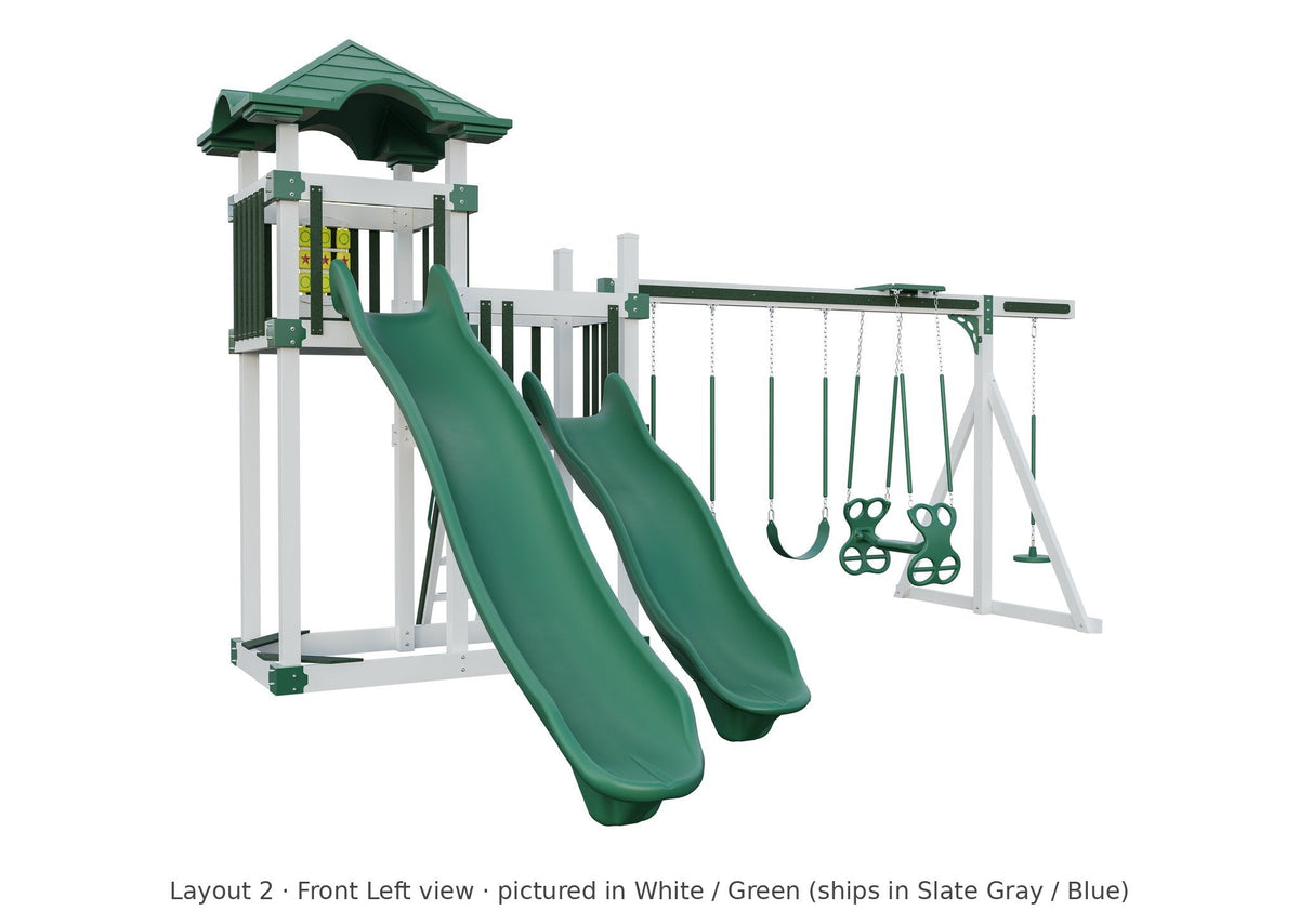 Amish 4x8 Denali Vinyl Playset & Swing Set Kit – Layout 2, front left view (shown in White with Green accents)