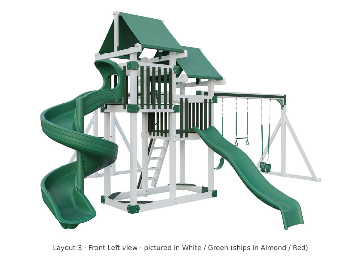 Amish 4x8 Denali Vinyl Playset & Swing Set Kit – Layout 3, front left view (shown in White with Green accents)