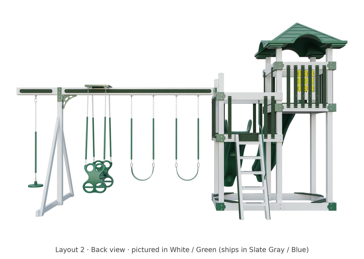 Amish 4x8 Denali Vinyl Playset & Swing Set Kit – Layout 2, back view (shown in White with Green accents)