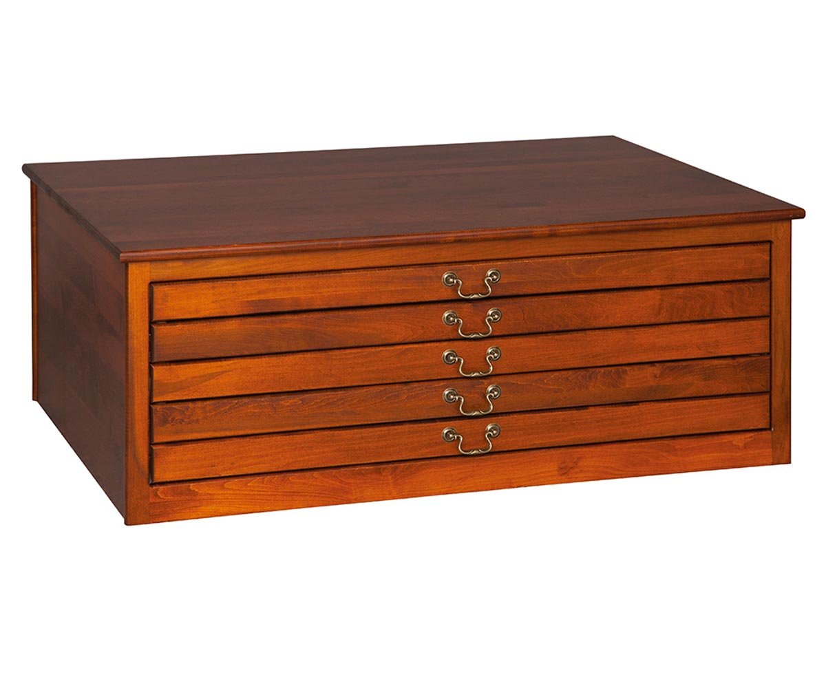 Cherry five drawer flat file cabinet with slim drawers and antique brass bail pulls, shown on a white background