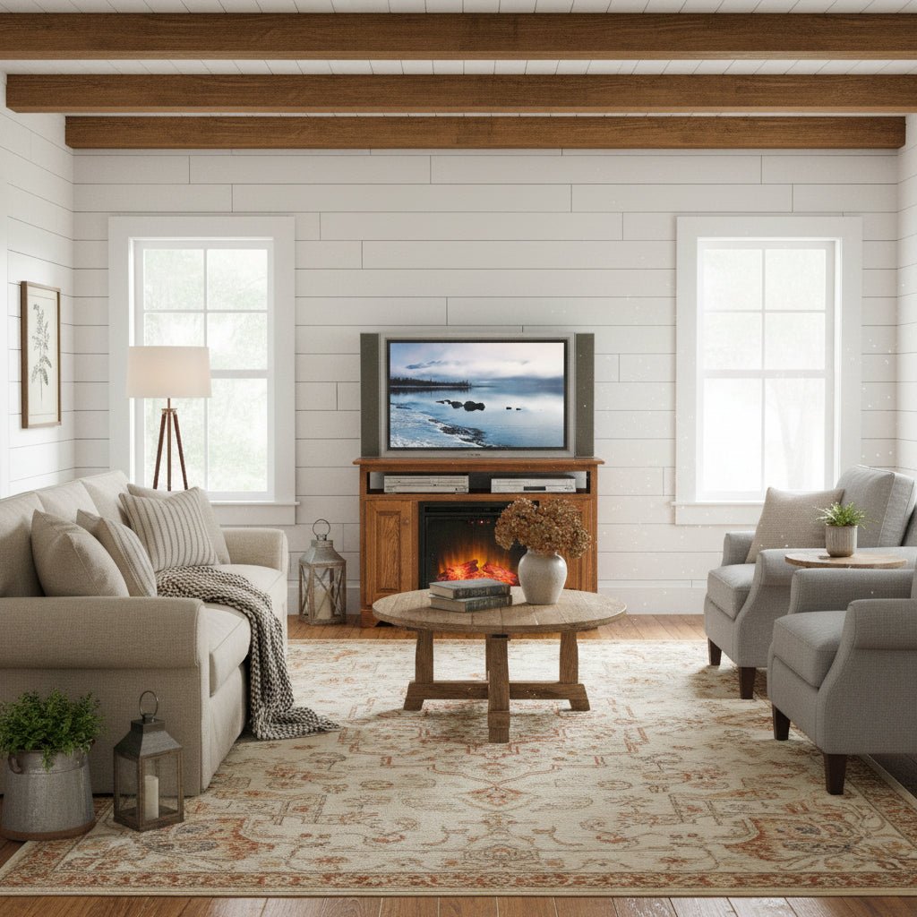 Oak TV stand with a 23 inch electric fireplace glowing below the TV, placed on a shiplap wall in a bright farmhouse living room