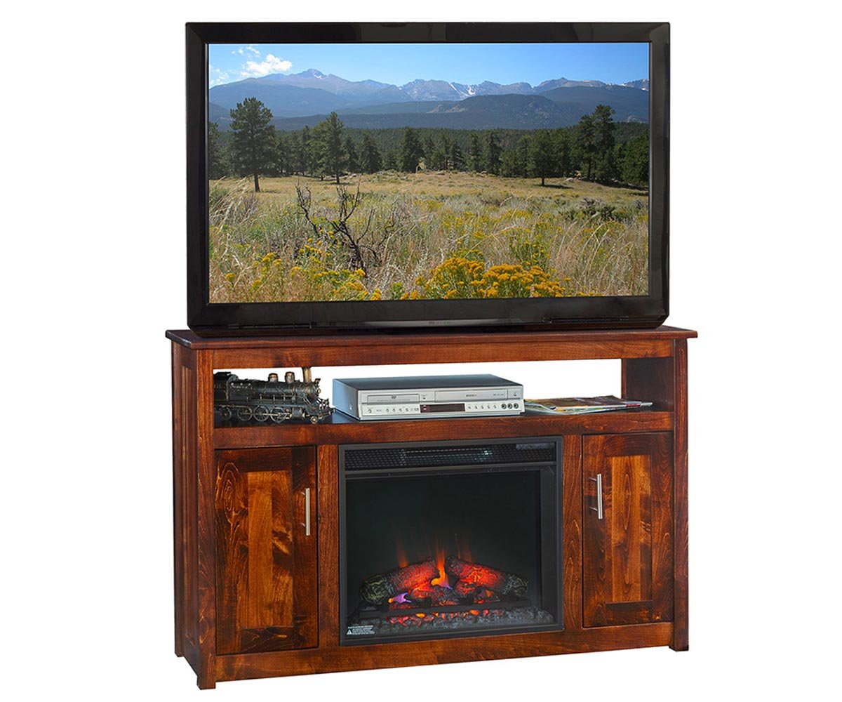 Dark cherry TV stand with electric fireplace insert, flanking cabinet doors and open component shelf in a rustic beamed room