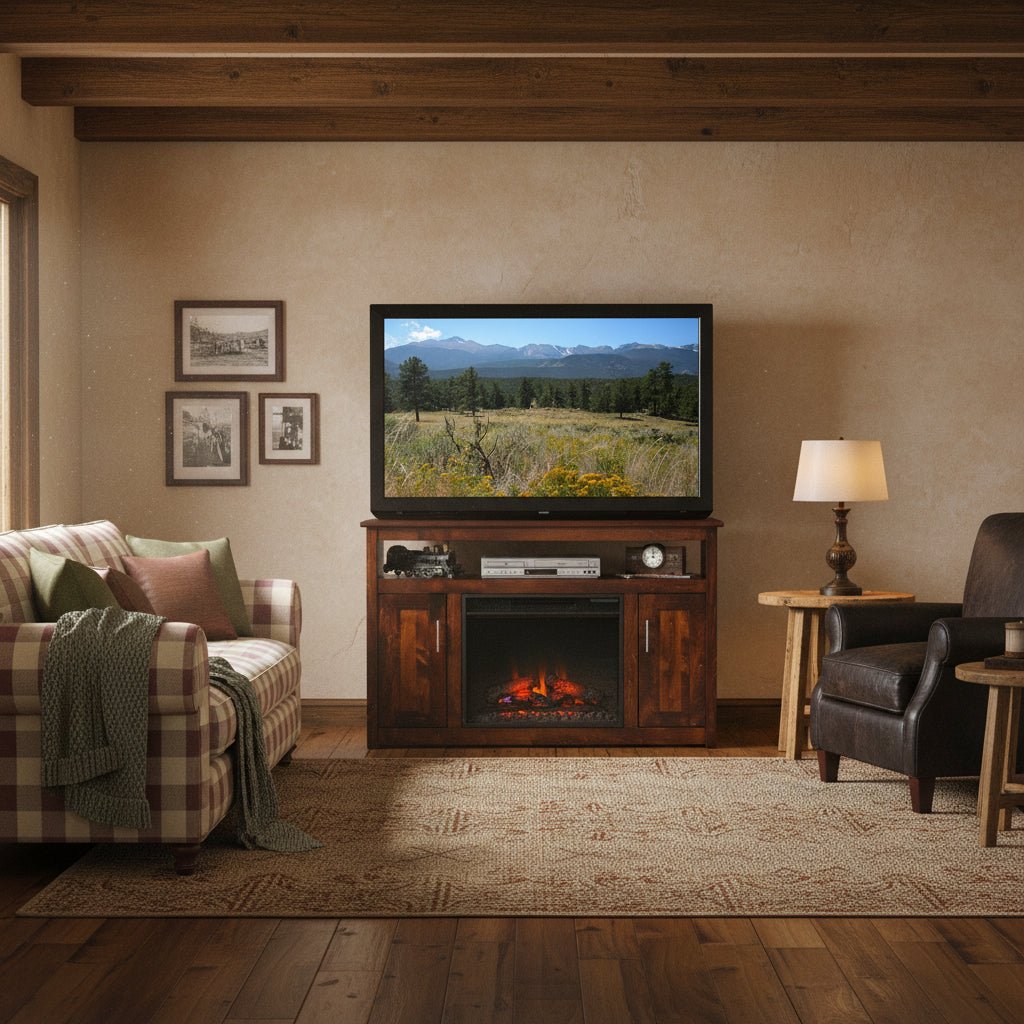 Dark cherry TV stand with electric fireplace insert, flanking cabinet doors and open component shelf in a rustic beamed room