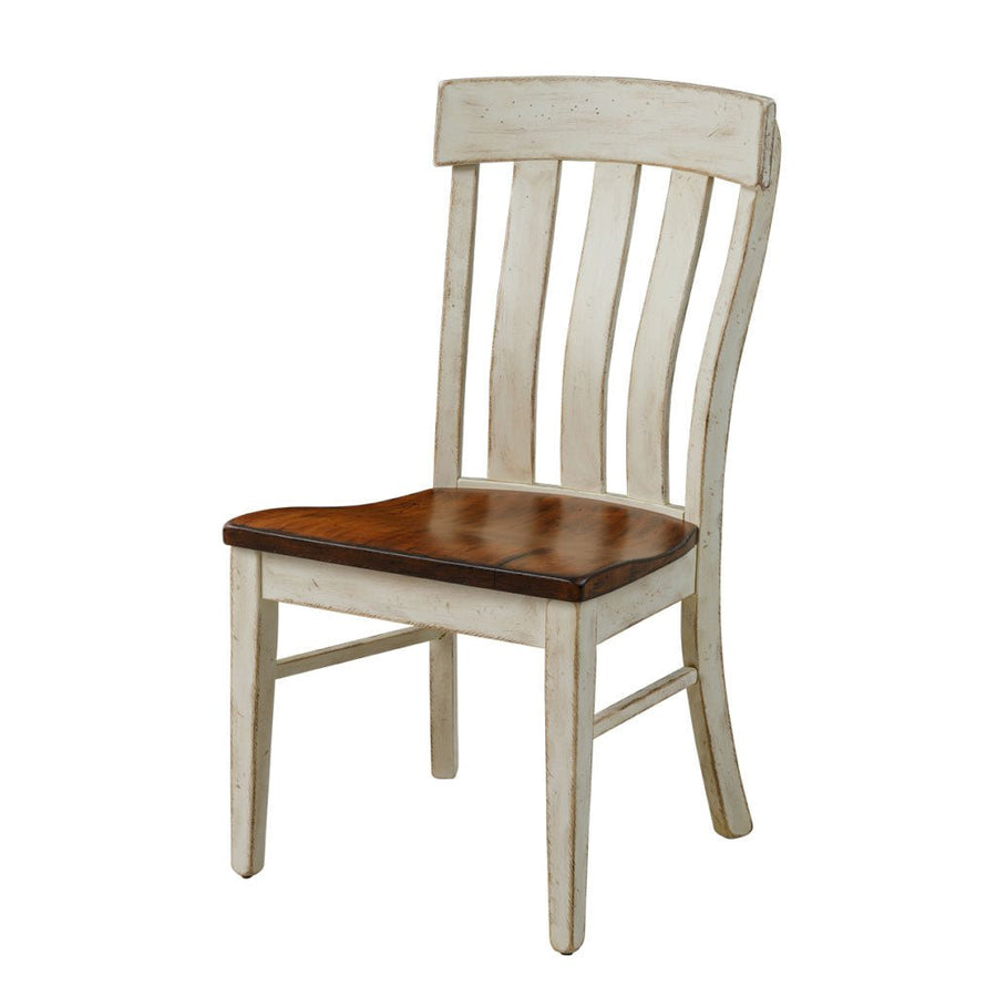Distressed antique white dining chair with curved slat back and a warm brown scooped wood seat