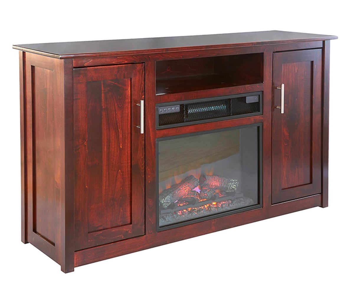 Dark cherry TV stand with a glowing electric fireplace, two panel doors and open component shelf in a beamed living room