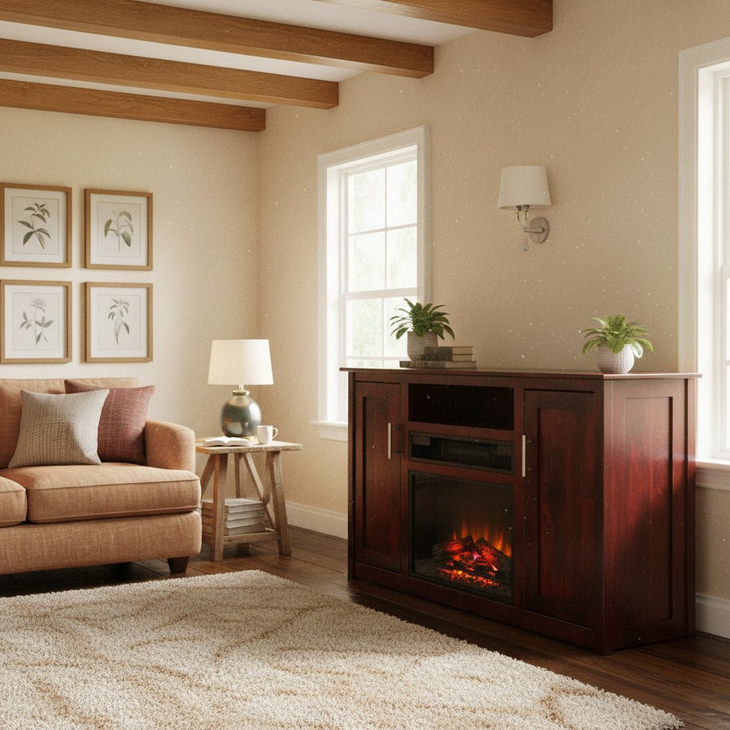Dark cherry TV stand with a glowing electric fireplace, two panel doors and open component shelf in a beamed living room