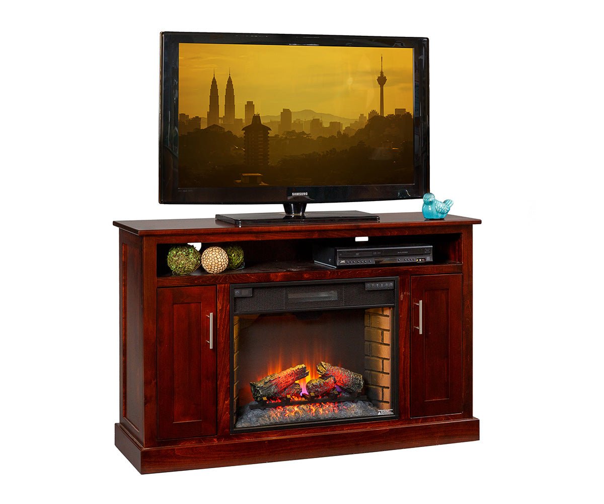 Wooden TV stand with electric fireplace and TV displaying a cityscape.