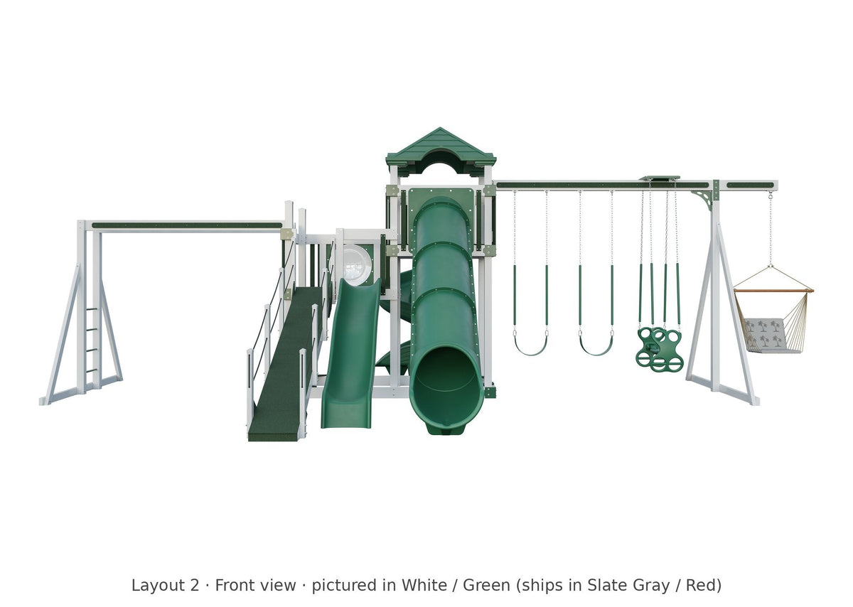 Amish 5x10 Denali Vinyl Playset & Swing Set Kit – Layout 2, front view (shown in White with Green accents)