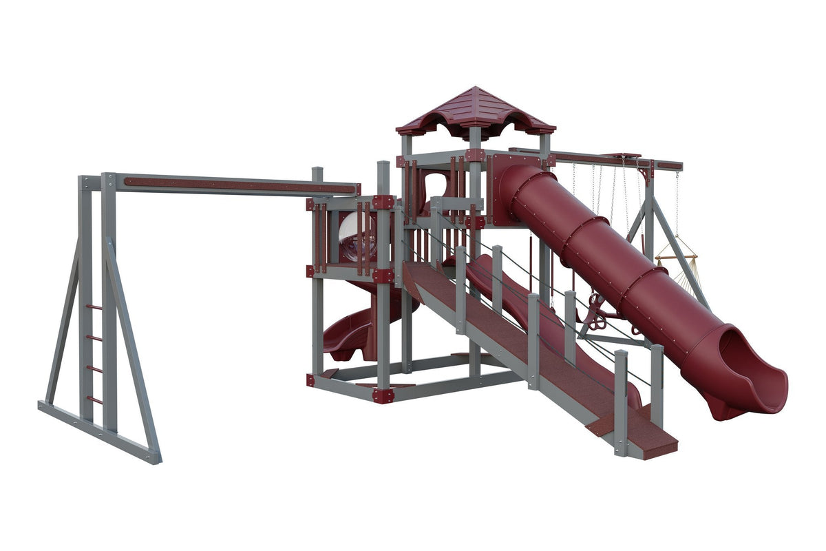 Amish 5x10 Denali Vinyl Playset & Swing Set Kit – Layout 2, Slate Gray with Red accents