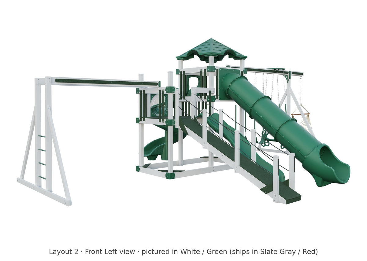 Amish 5x10 Denali Vinyl Playset & Swing Set Kit – Layout 2, front left view (shown in White with Green accents)