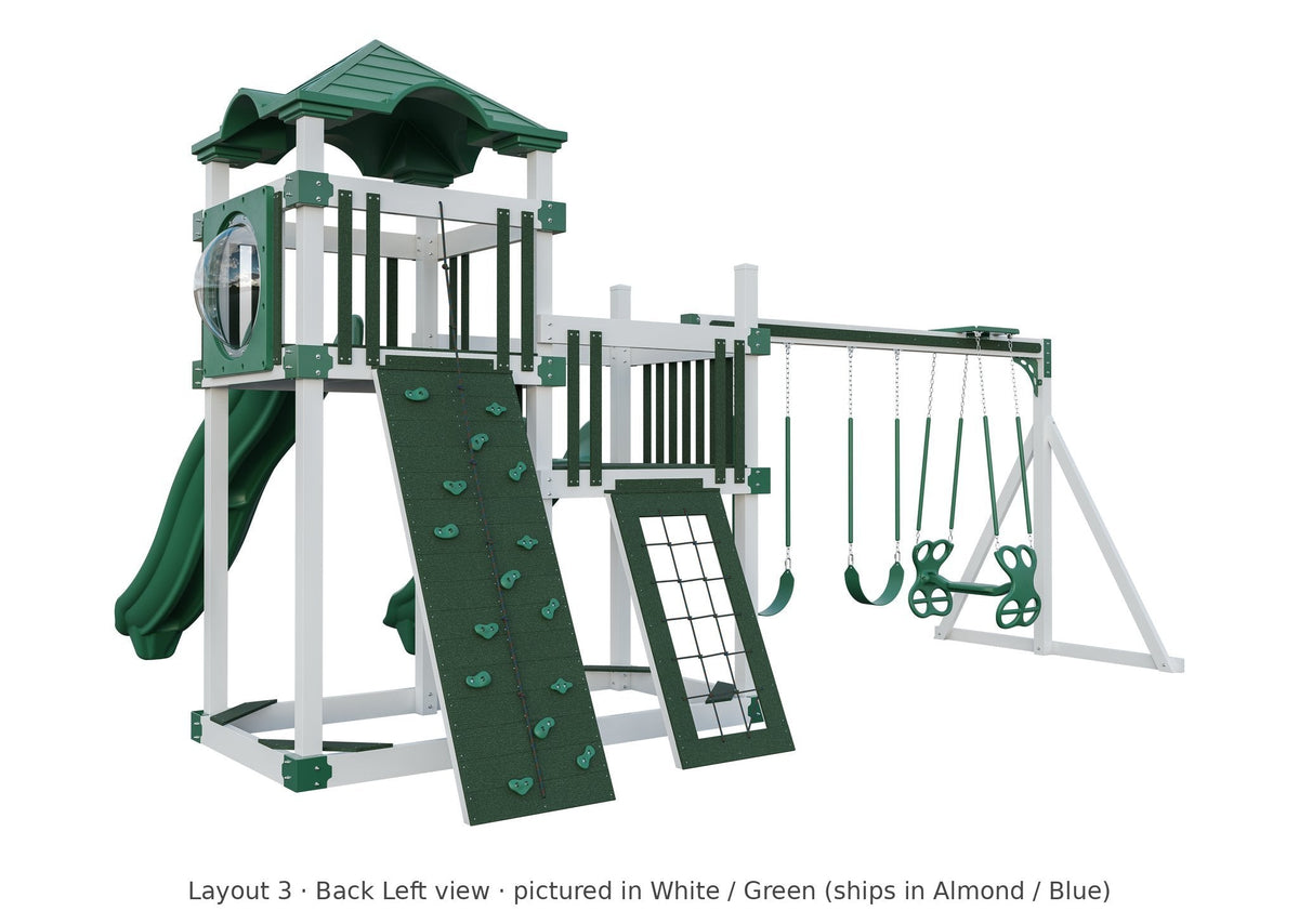 Amish 5x10 Denali Vinyl Playset & Swing Set Kit – Layout 3, back left view (shown in White with Green accents)