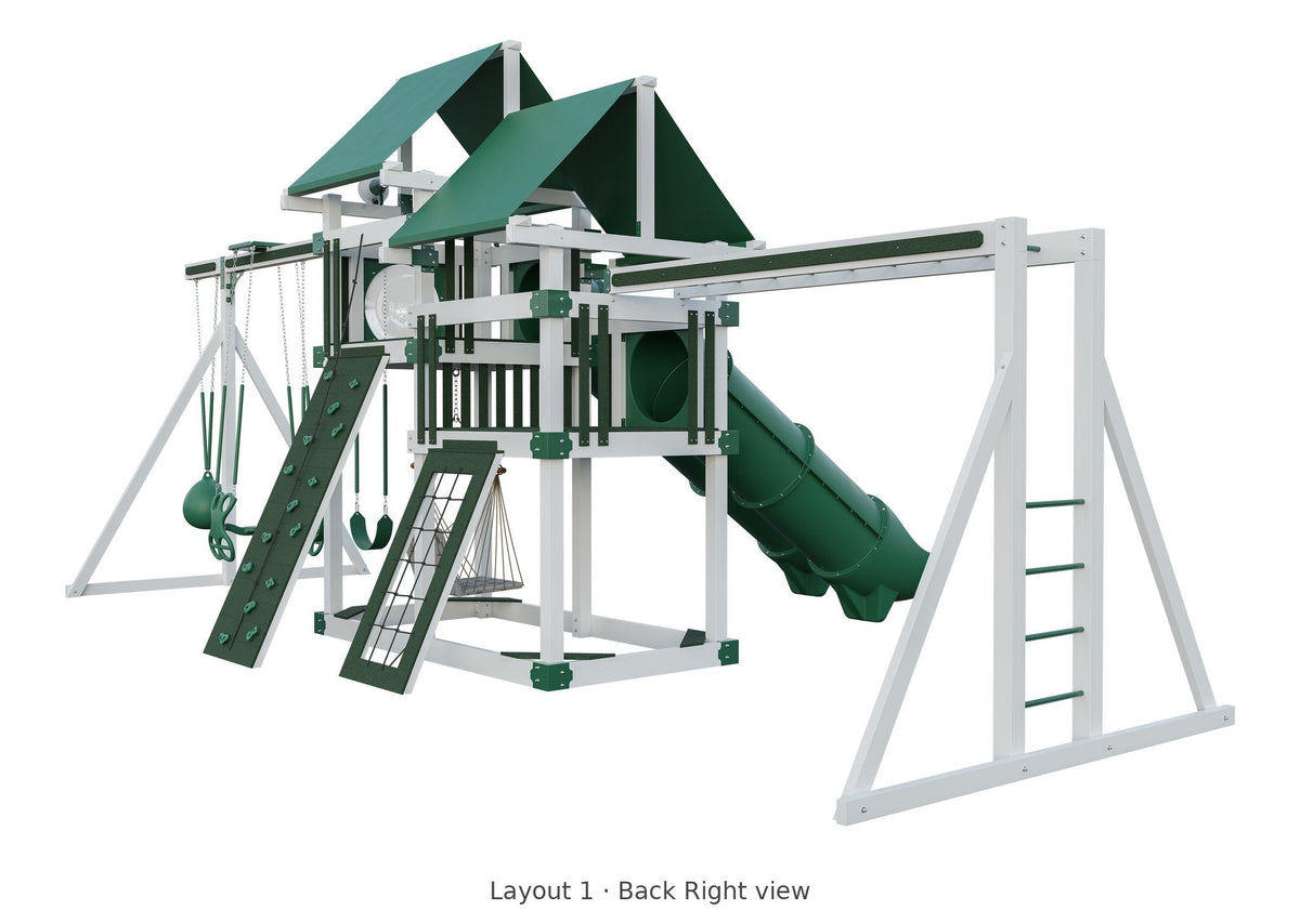 Amish 5x10 Denali Vinyl Playset & Swing Set Kit – Layout 1, back right view