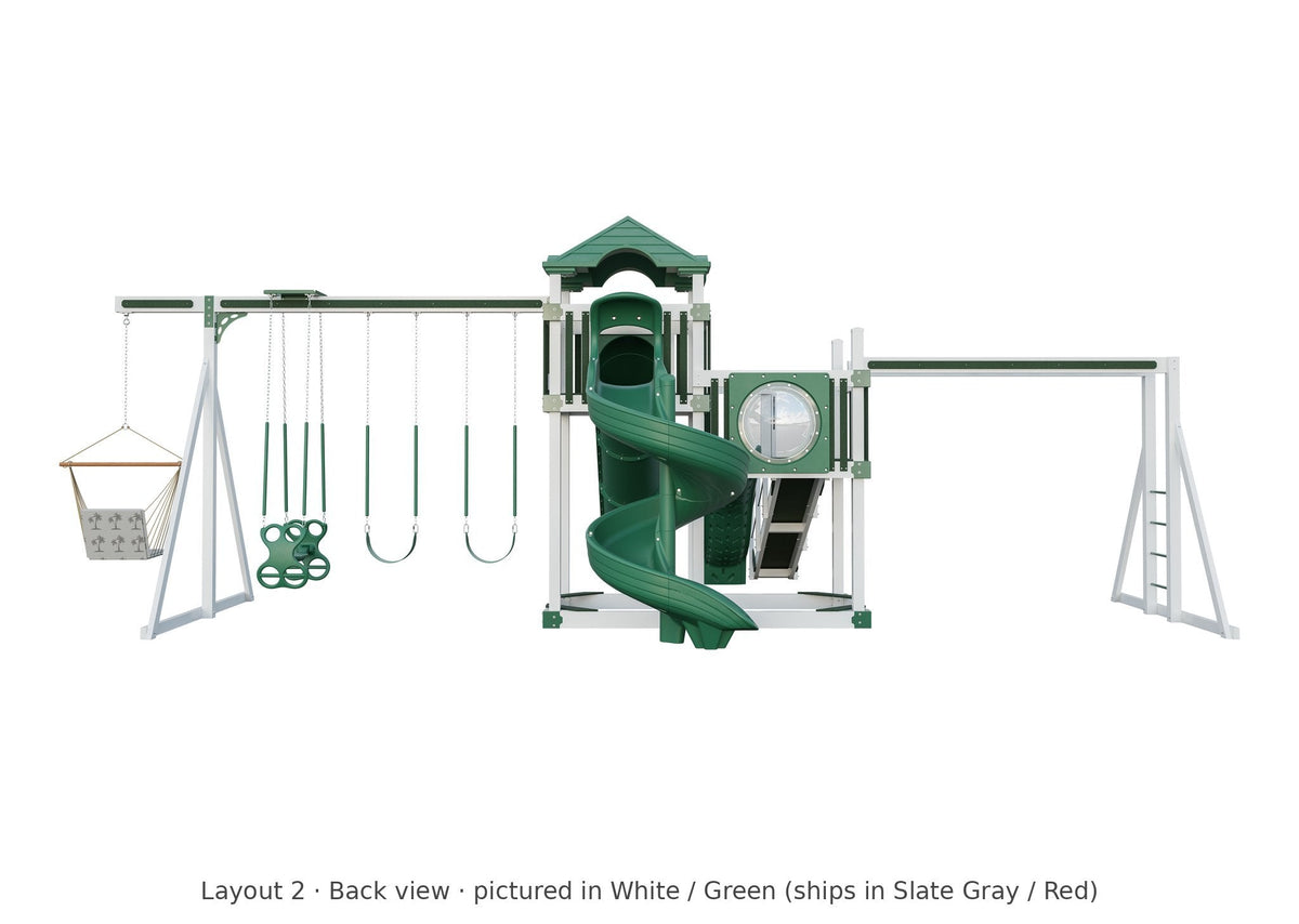 Amish 5x10 Denali Vinyl Playset & Swing Set Kit – Layout 2, back view (shown in White with Green accents)