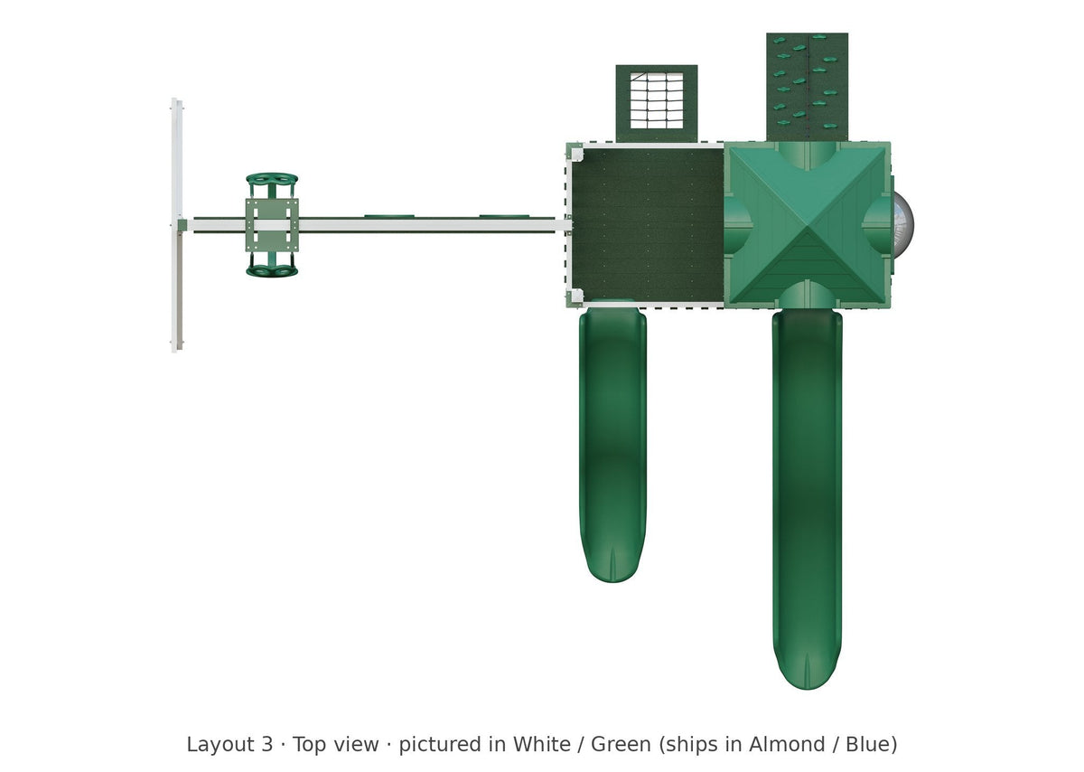Amish 5x10 Denali Vinyl Playset & Swing Set Kit – Layout 3, top view (shown in White with Green accents)