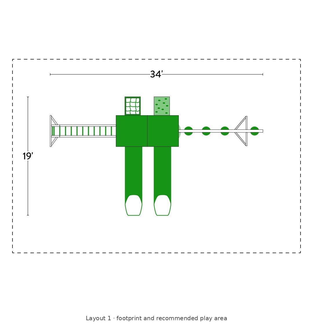 Amish 5x10 Denali Vinyl Playset & Swing Set Kit – Layout 1 footprint and recommended play area diagram