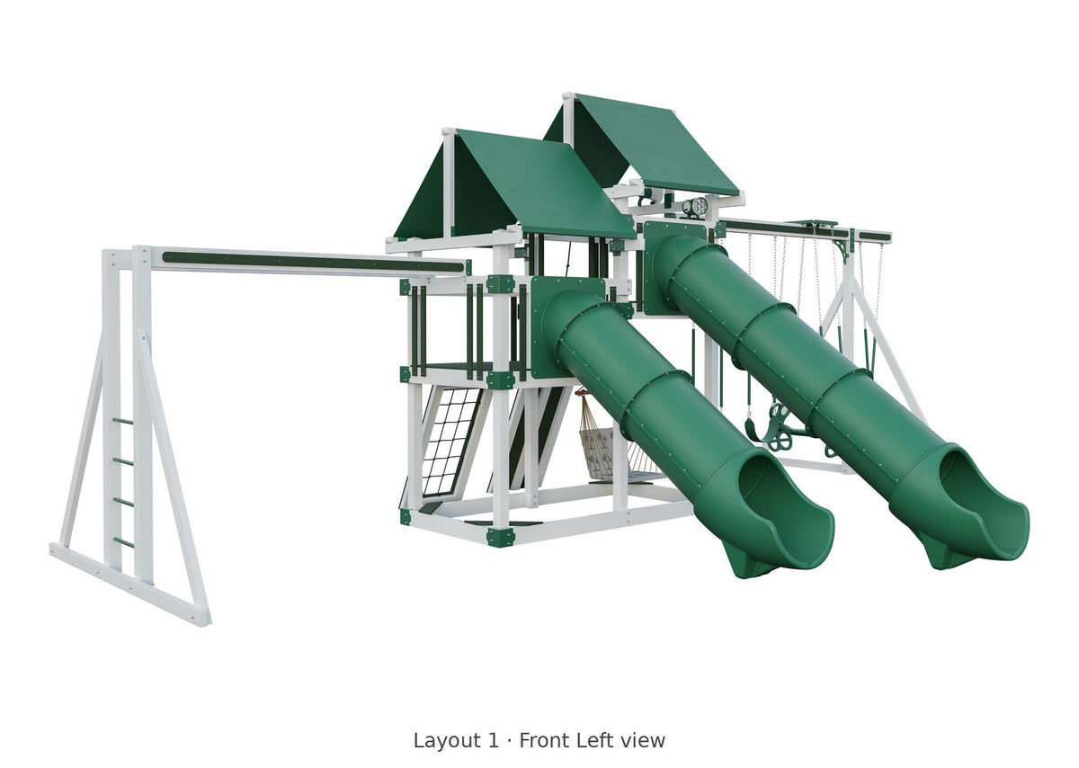 Amish 5x10 Denali Vinyl Playset & Swing Set Kit – Layout 1, front left view