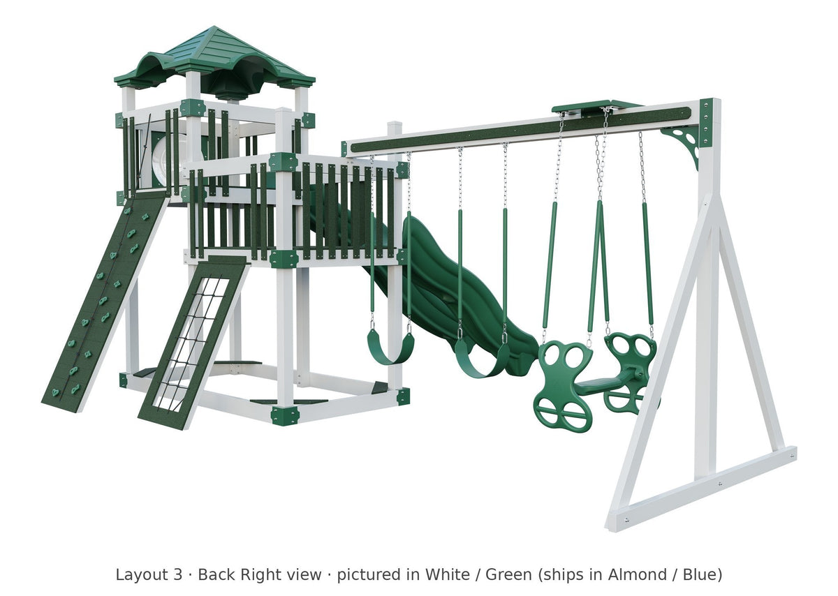Amish 5x10 Denali Vinyl Playset & Swing Set Kit – Layout 3, back right view (shown in White with Green accents)
