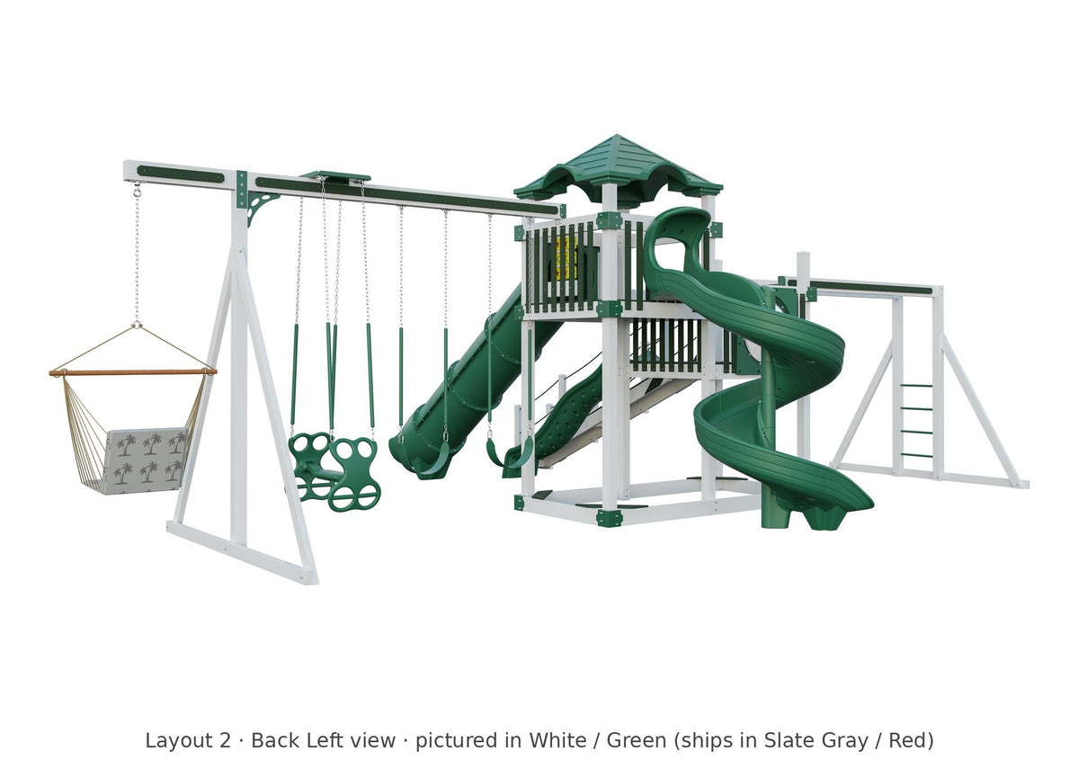 Amish 5x10 Denali Vinyl Playset & Swing Set Kit – Layout 2, back left view (shown in White with Green accents)