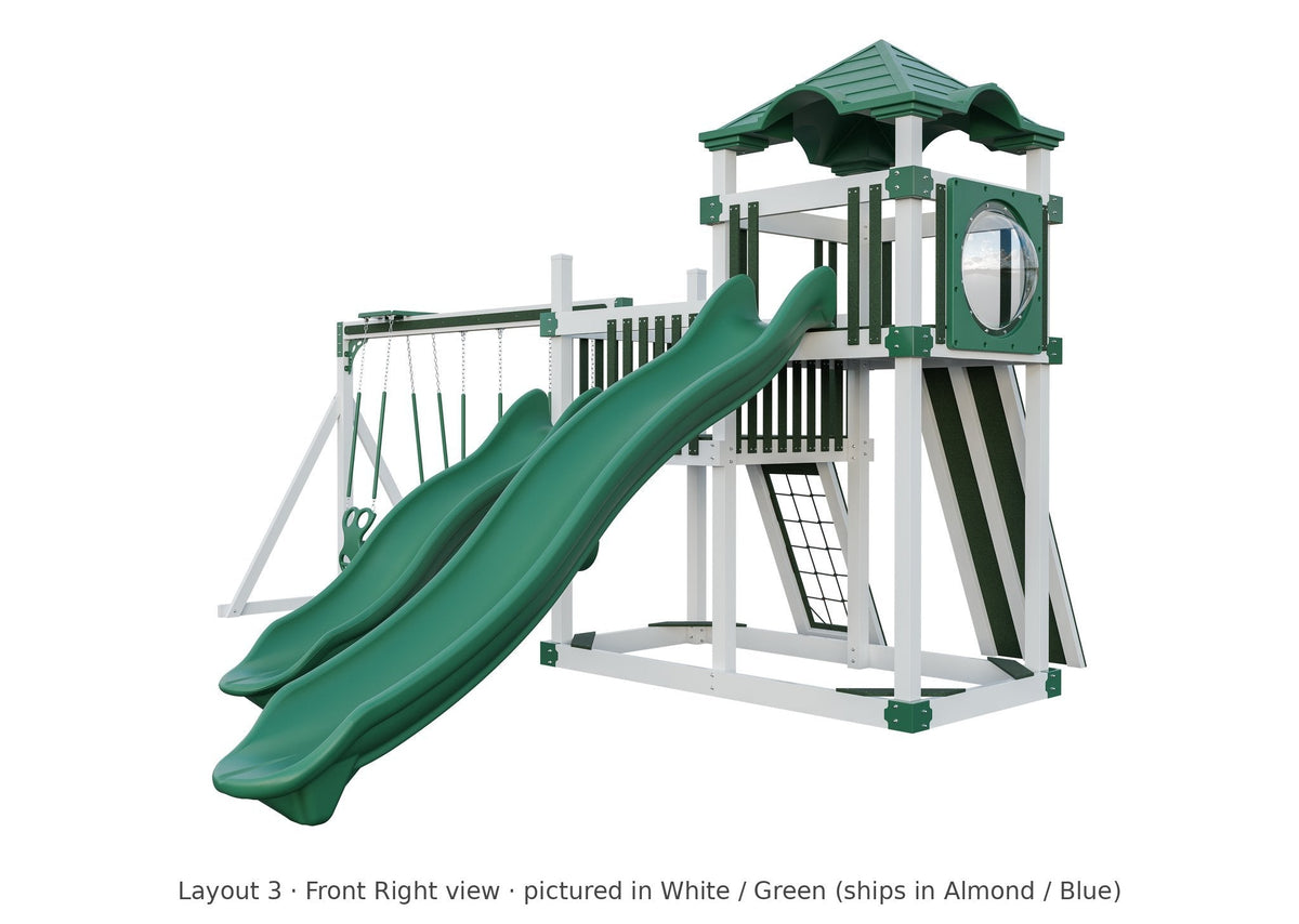 Amish 5x10 Denali Vinyl Playset & Swing Set Kit – Layout 3, front right view (shown in White with Green accents)