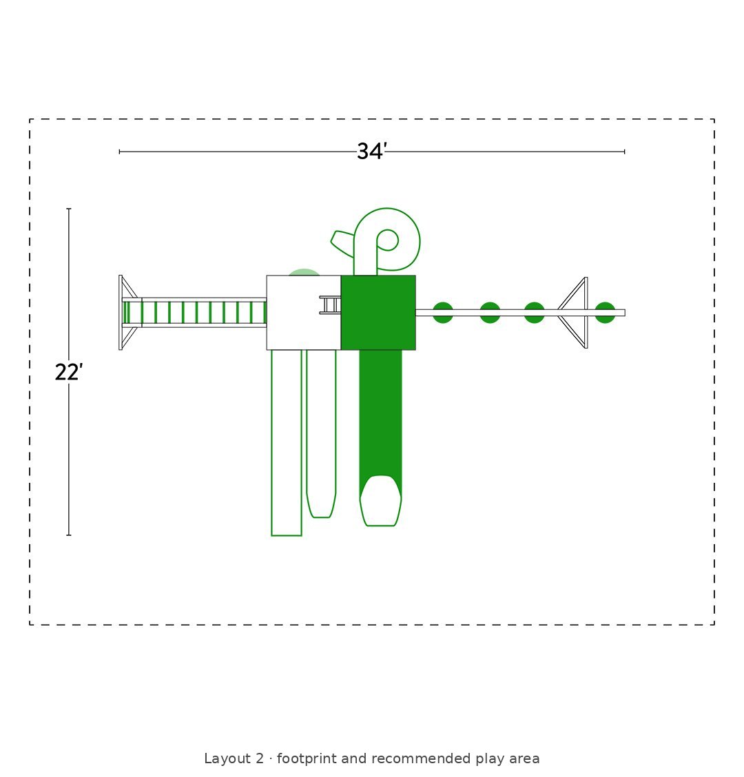 Amish 5x10 Denali Vinyl Playset & Swing Set Kit – Layout 2 footprint and recommended play area diagram