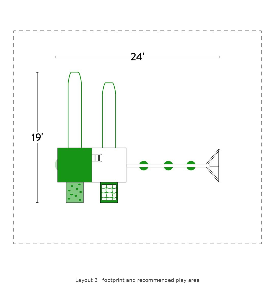 Amish 5x10 Denali Vinyl Playset & Swing Set Kit – Layout 3 footprint and recommended play area diagram