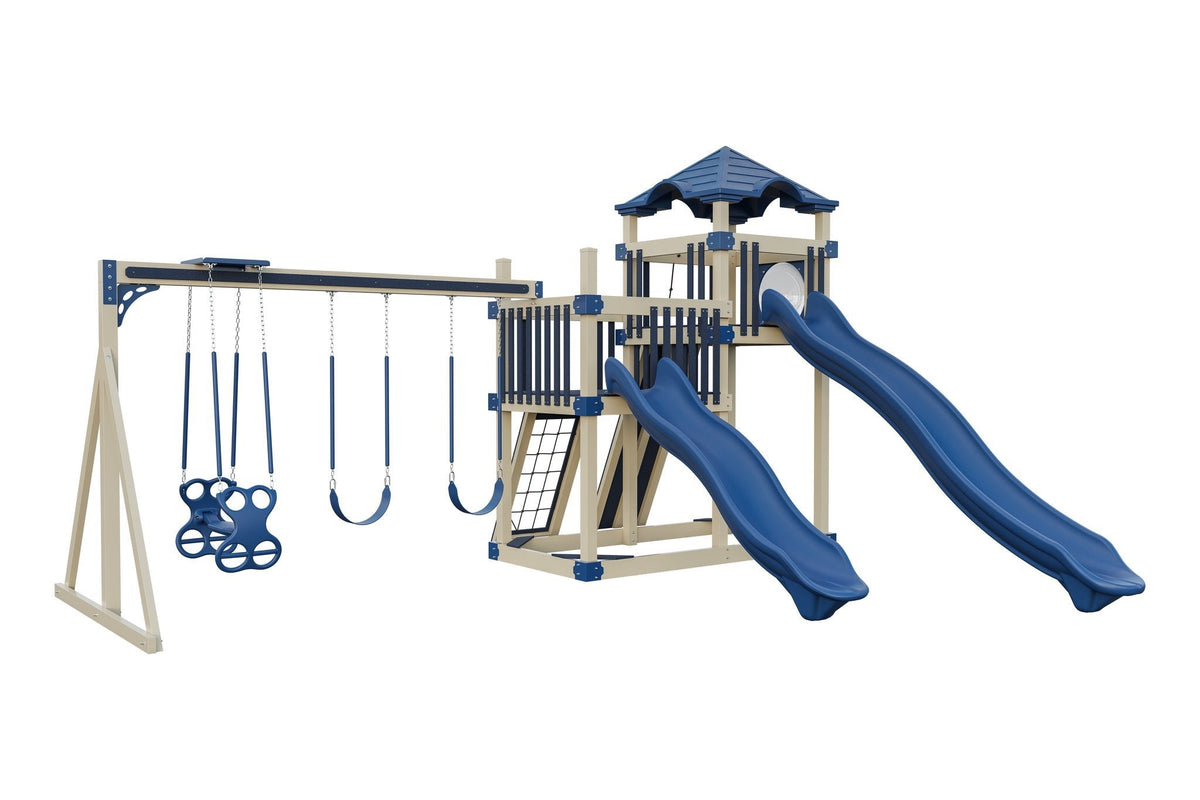 Amish 5x10 Denali Vinyl Playset & Swing Set Kit – Layout 3, Almond with Blue accents