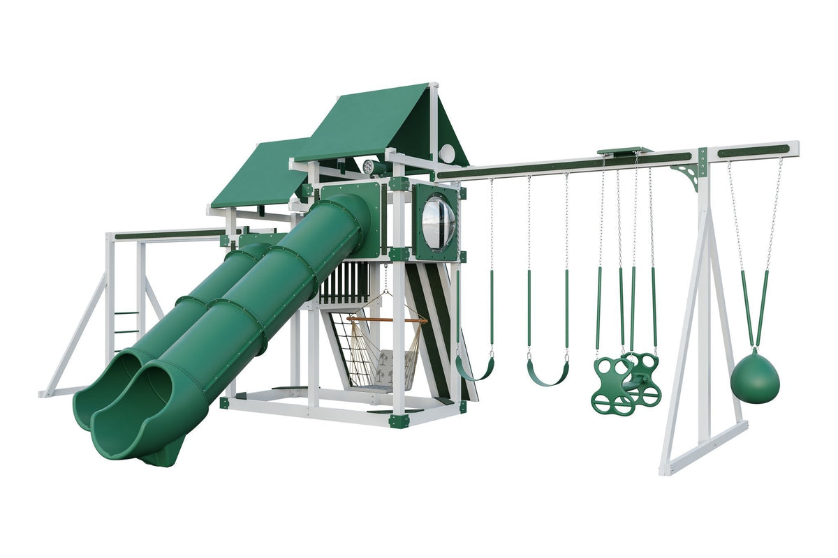 Amish 5x10 Denali Vinyl Playset & Swing Set Kit – Layout 1, White with Green accents