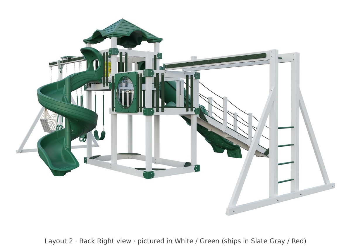 Amish 5x10 Denali Vinyl Playset & Swing Set Kit – Layout 2, back right view (shown in White with Green accents)