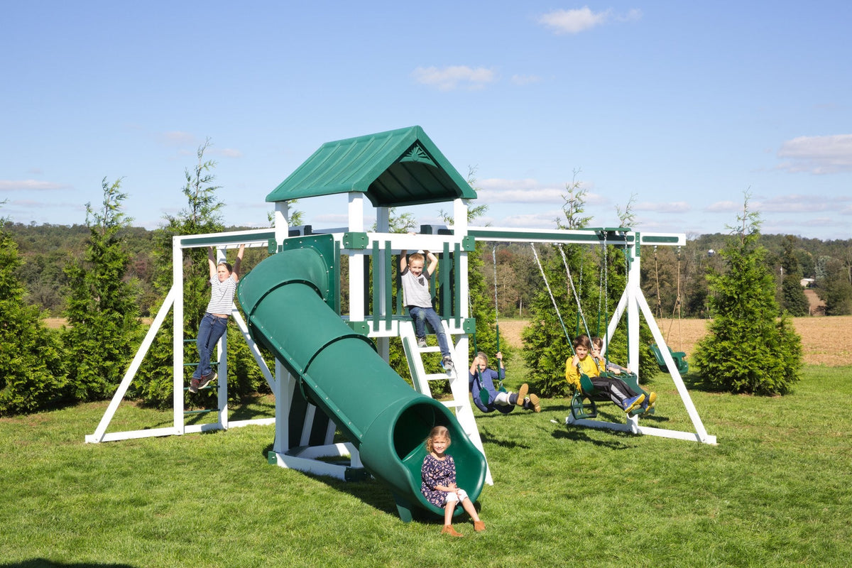 5x5 Boulder Vinyl Playset & Swing Set Kit – real-world photo (configuration and colors may differ from the layouts offered)