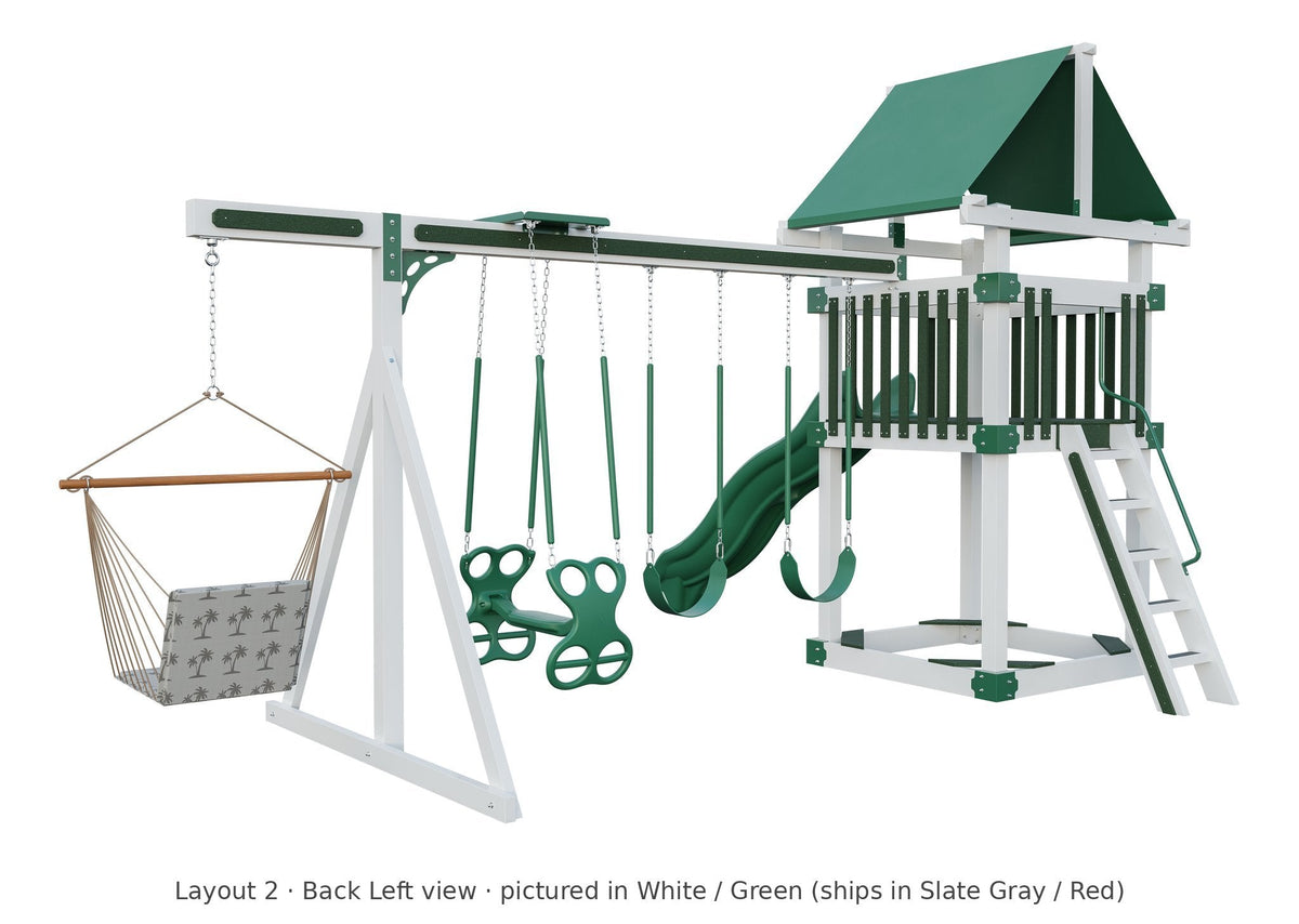 Amish 5x5 Boulder Vinyl Playset & Swing Set Kit – Layout 2, back left view (shown in White with Green accents)