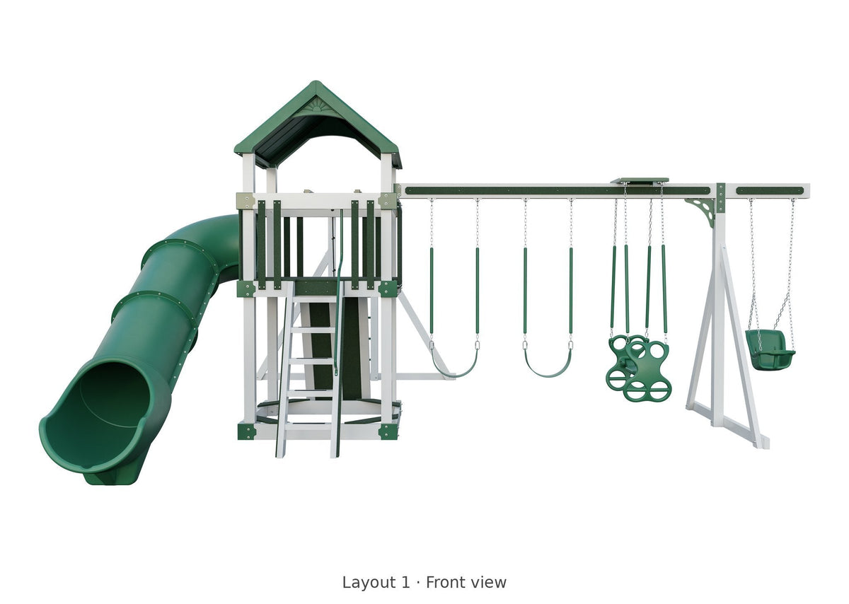 Amish 5x5 Boulder Vinyl Playset & Swing Set Kit – Layout 1, front view