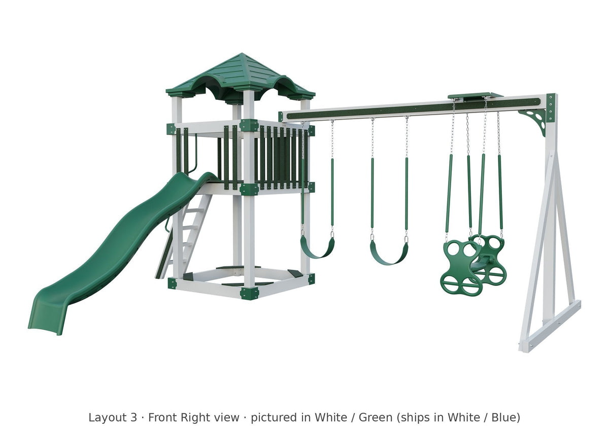 Amish 5x5 Boulder Vinyl Playset & Swing Set Kit – Layout 3, front right view (shown in White with Green accents)