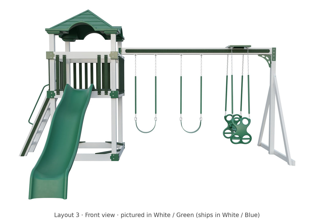 Amish 5x5 Boulder Vinyl Playset & Swing Set Kit – Layout 3, front view (shown in White with Green accents)