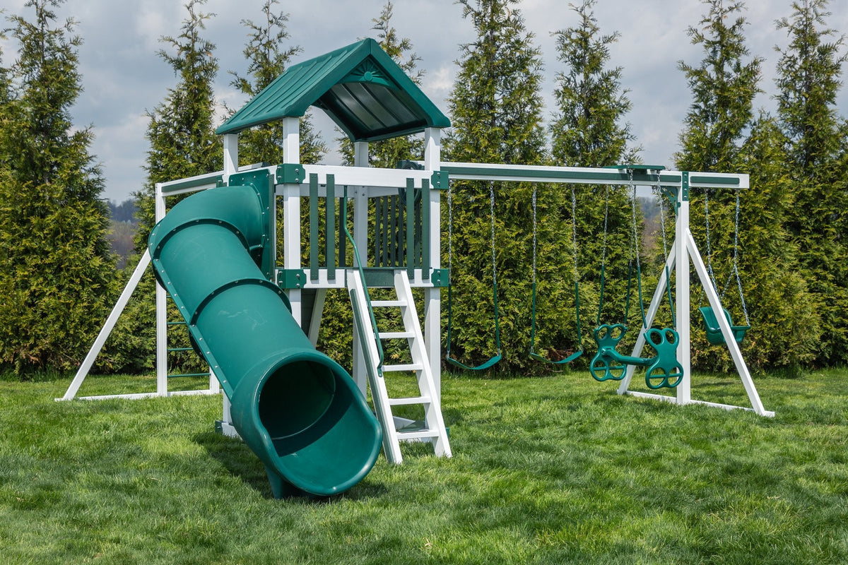 5x5 Boulder Vinyl Playset & Swing Set Kit – real-world photo (configuration and colors may differ from the layouts offered)