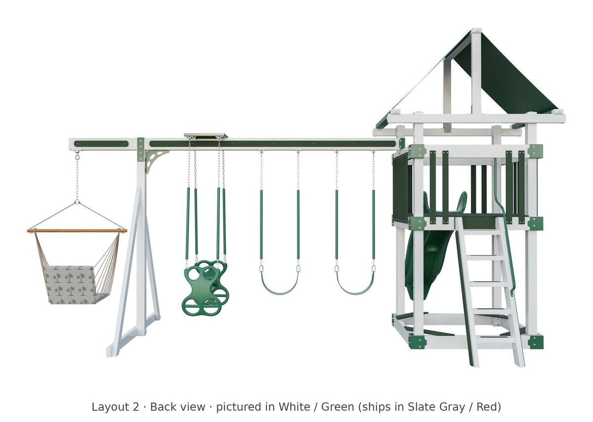 Amish 5x5 Boulder Vinyl Playset & Swing Set Kit – Layout 2, back view (shown in White with Green accents)