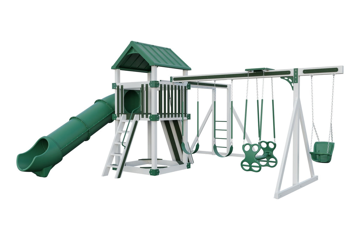 Amish 5x5 Boulder Vinyl Playset & Swing Set Kit – Layout 1, White with Green accents